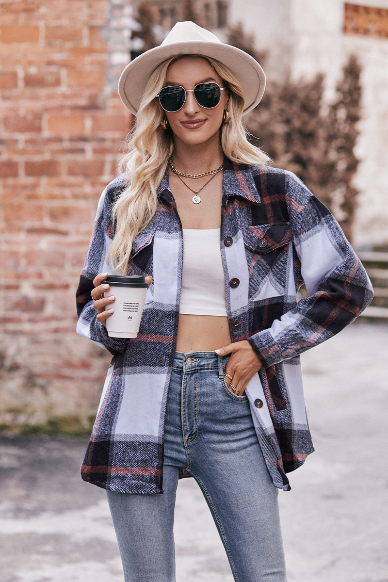 Mandy Plaid Long Sleeve Shirt Jacket with Pockets