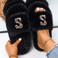 Women's Faux Fur Rhinestone Letter Slides