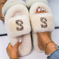 Women's Faux Fur Rhinestone Letter Slides