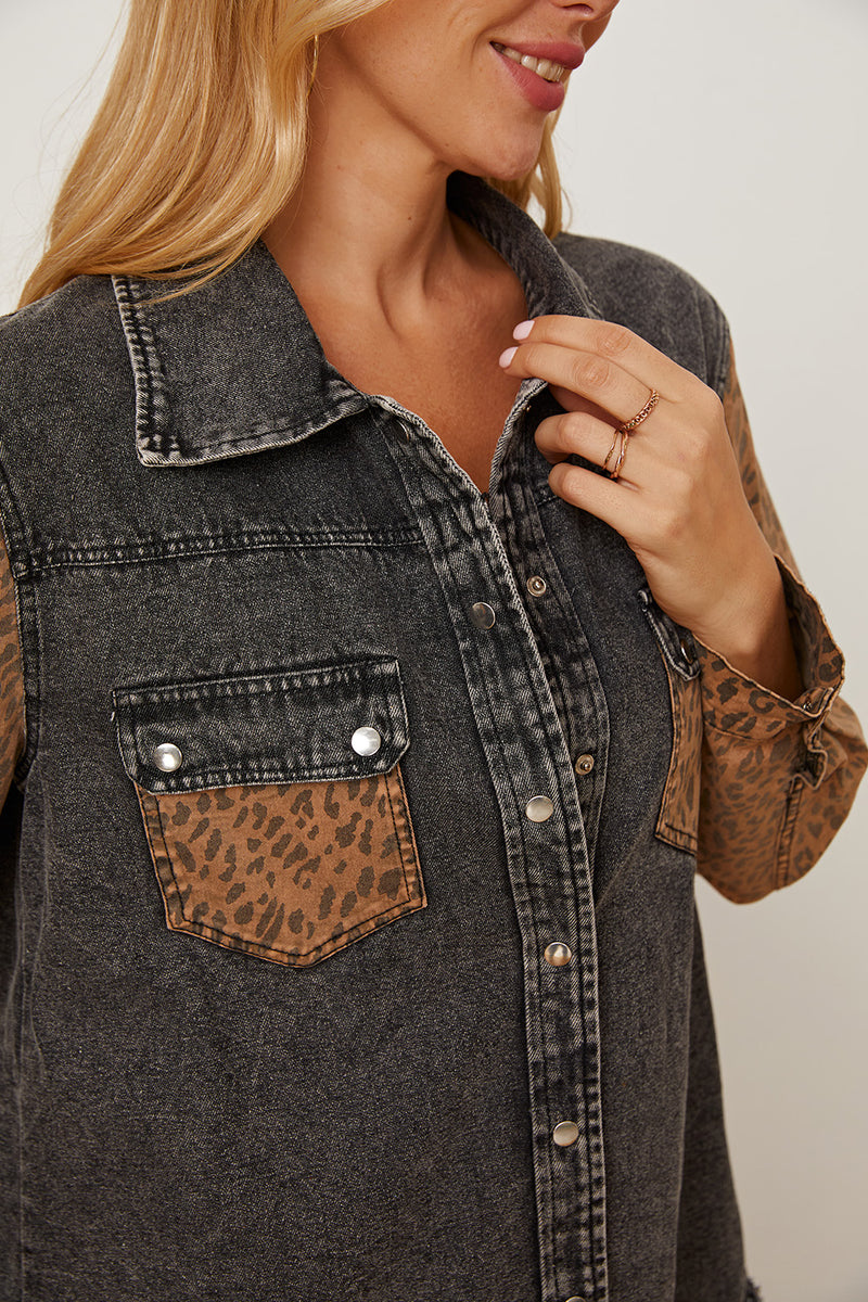 MeiMei Leopard Raw Hem Pocketed Denim Jacket