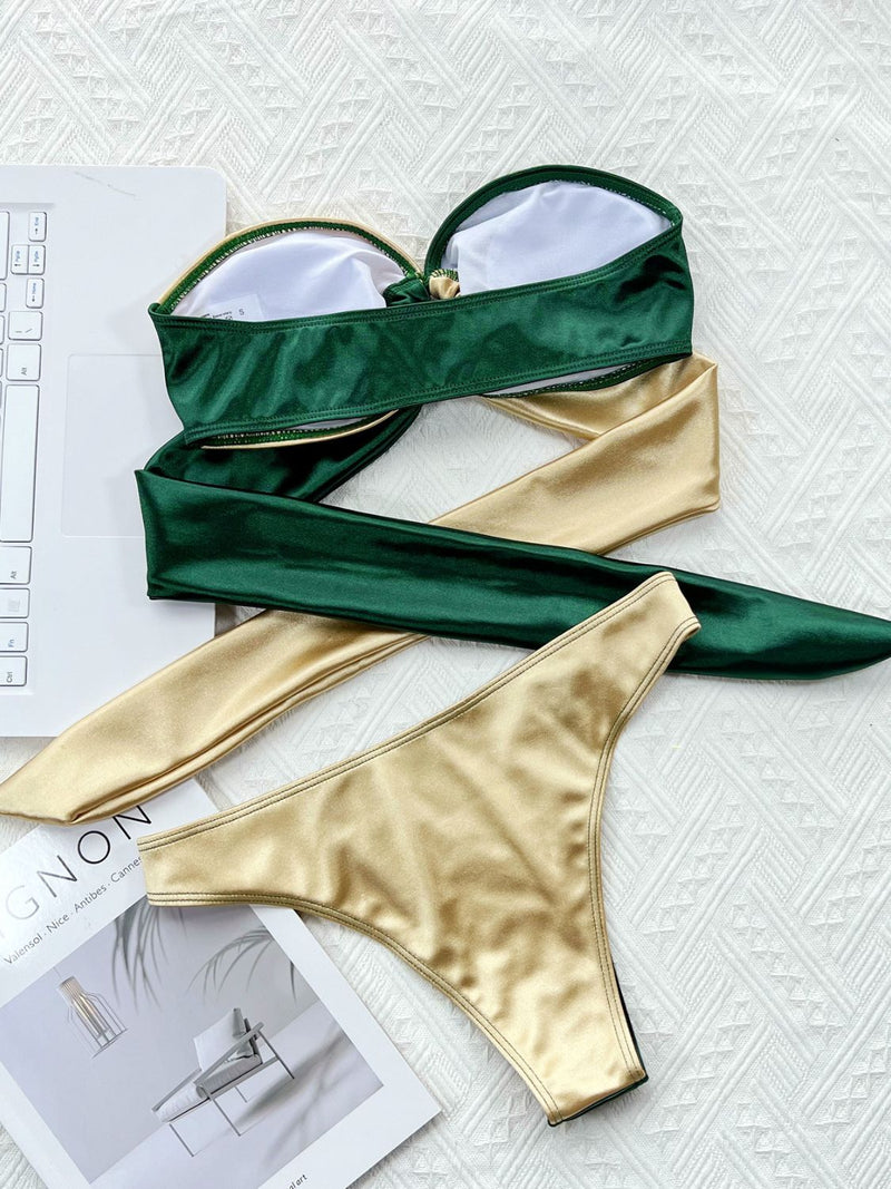 Two-Tone Ring Detail Tied Bikini Set