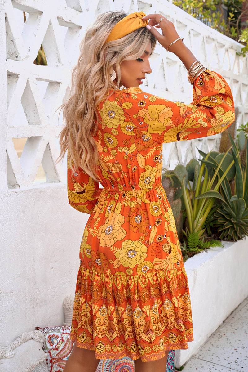 Floral Drawstring Waist Puff Sleeve Dress