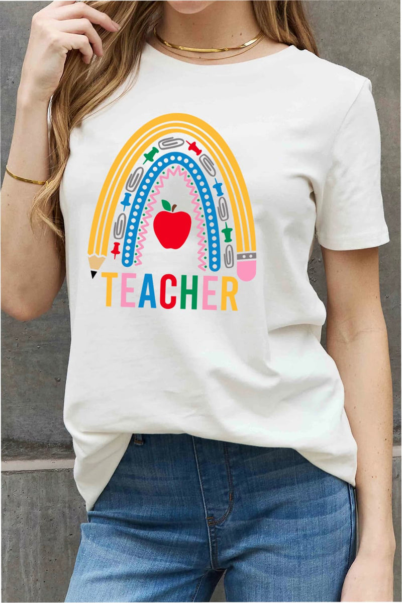 Camiseta de algodón con gráfico de arco iris TEACHER de tamaño completo de Simply Love