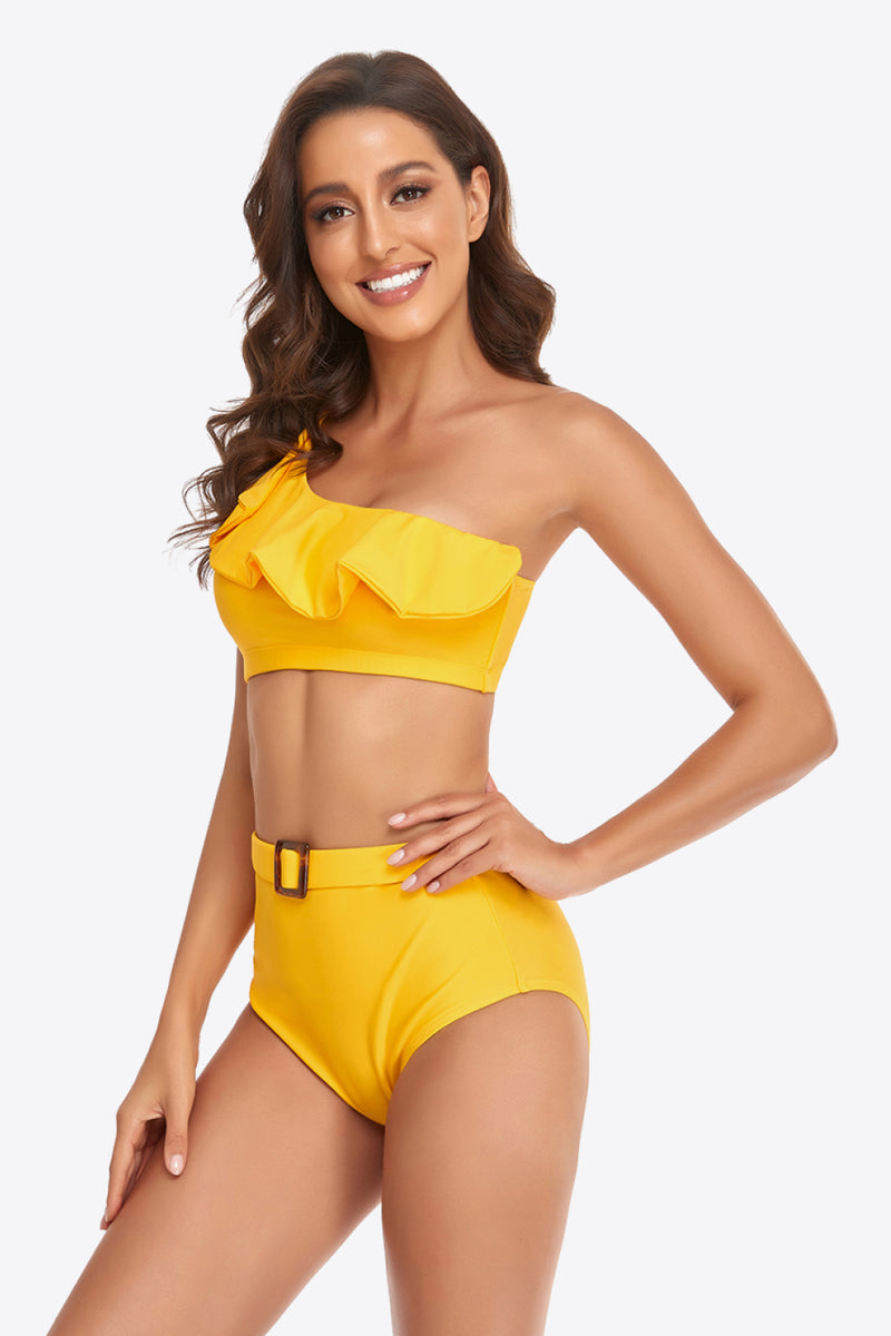 Ruffled One-Shoulder Buckled Bikini Set