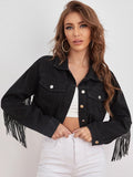 Veste en jean courte à col et détails de franges