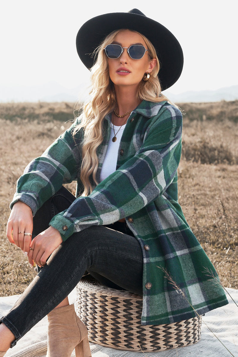 Double Take Plaid Dropped Shoulder Pocketed Shirt Jacket