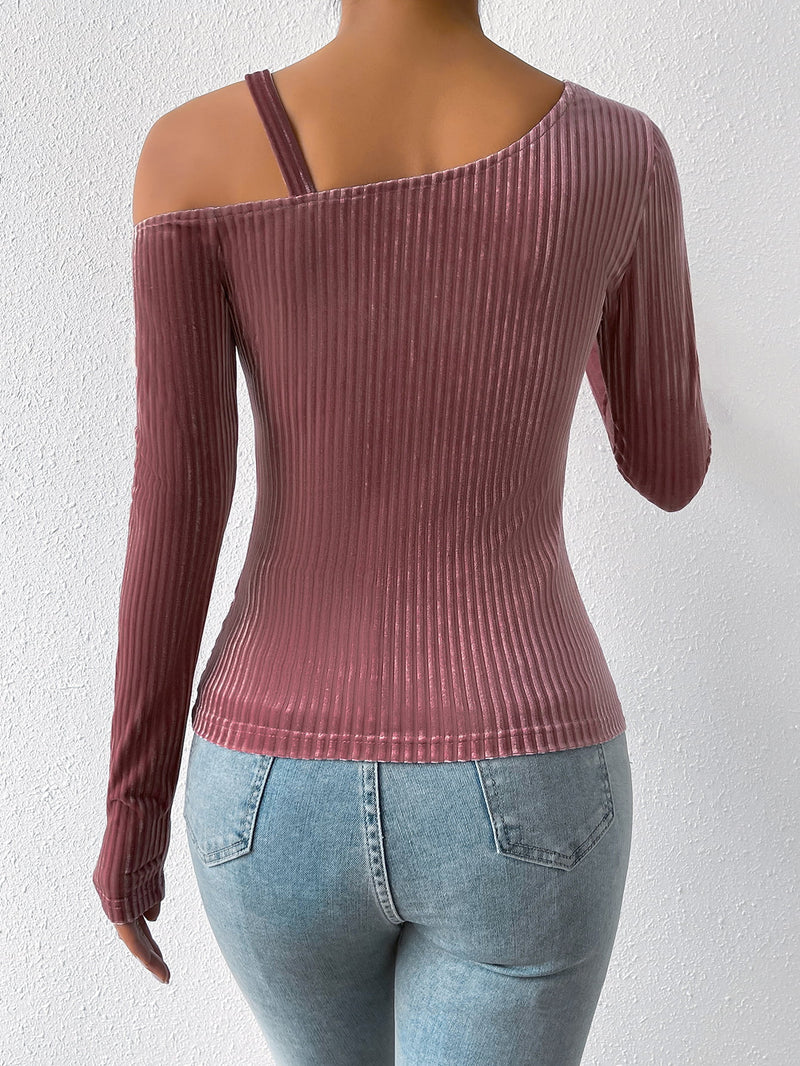 Ribbed Long Sleeve Asymmetrical Blouse