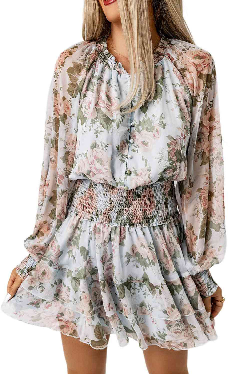 Mini-robe superposée florale à taille smockée