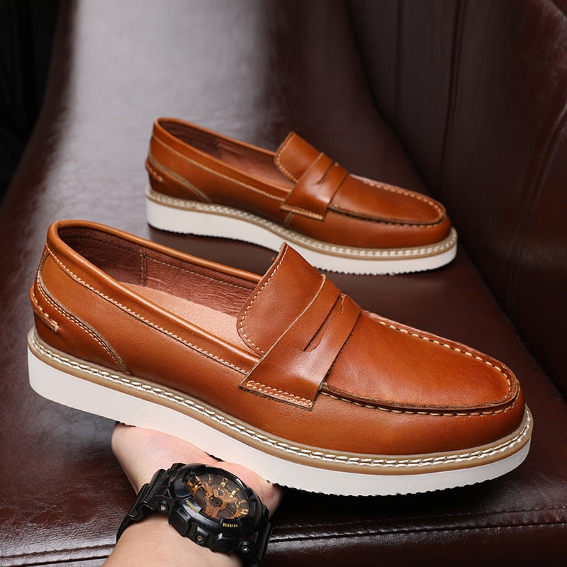 YOM Men's Breathable Cowhide Leather British Loafers