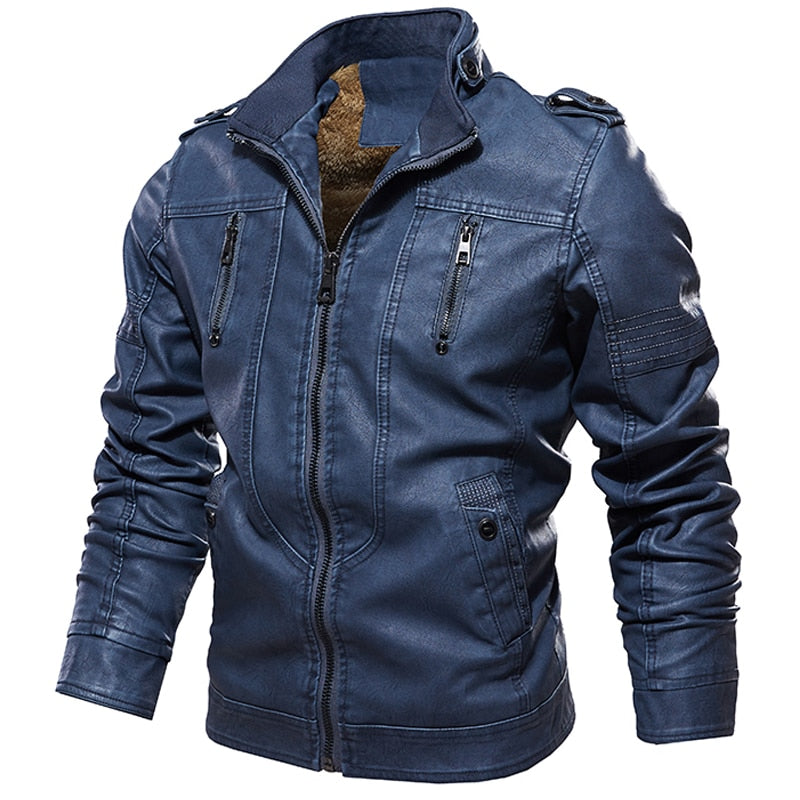 Chaqueta de cuero de PU con interior de vellón retro para hombre