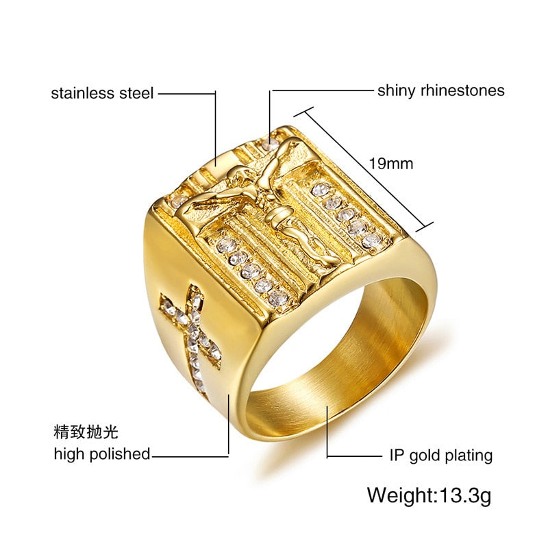 ZORC Men's Gold Color Punk Cross Ring