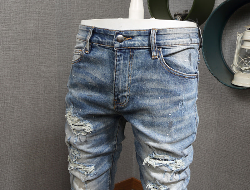 Men's High Street Fashion Light Blue Ripped Jeans