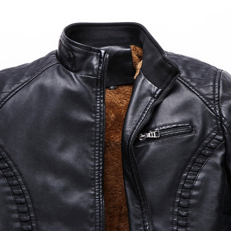 Men's Winter Fleece PU Leather Stand Collar Jacket