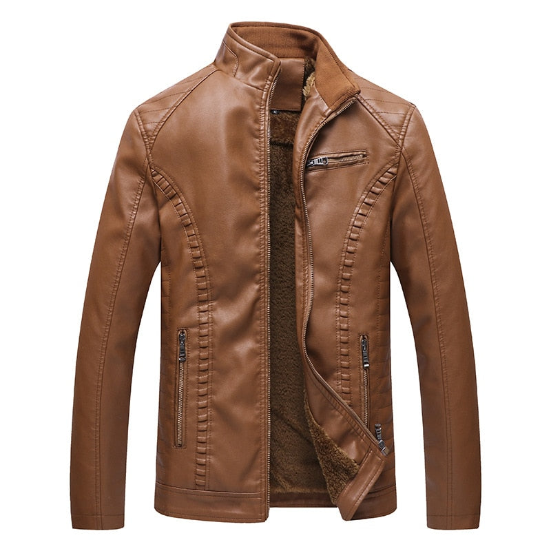 Men's Winter Fleece PU Leather Stand Collar Jacket