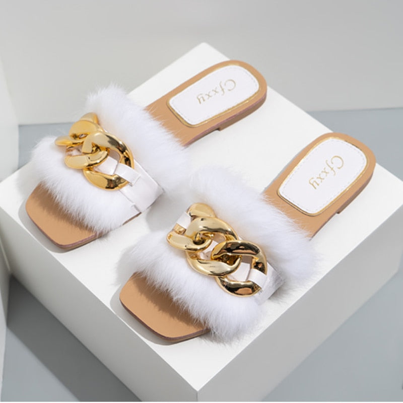 Women's Chain Detail Plush Furry Slippers