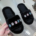 Women's Furry Slippers W/ Rhinestone Gemstone Details