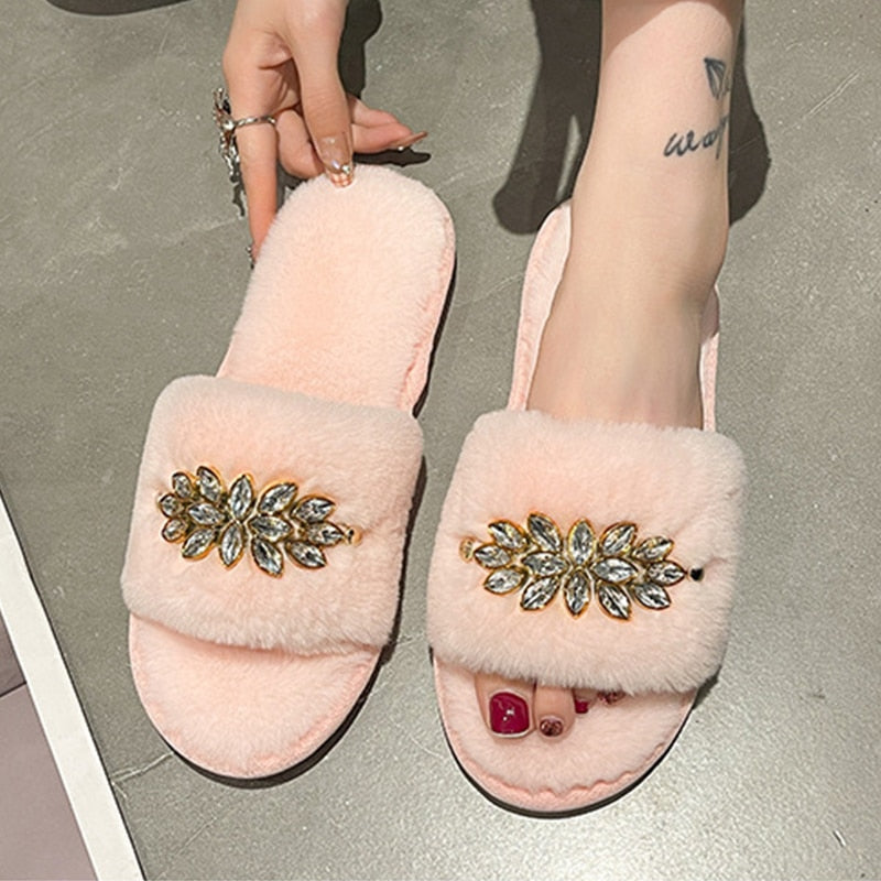 Women's Furry Slippers W/ Crystal Flower Detail