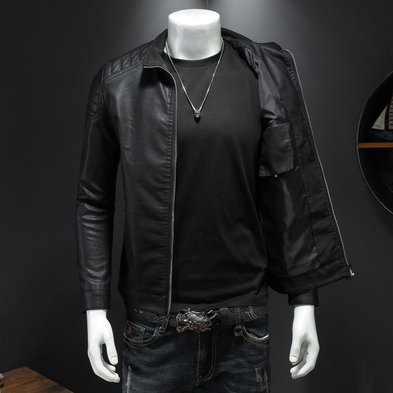 BOUS Men's Stand Collar Pleated PU Leather Jacket