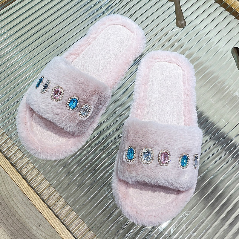 Women's Furry Slippers W/ Rhinestone Gemstone Details