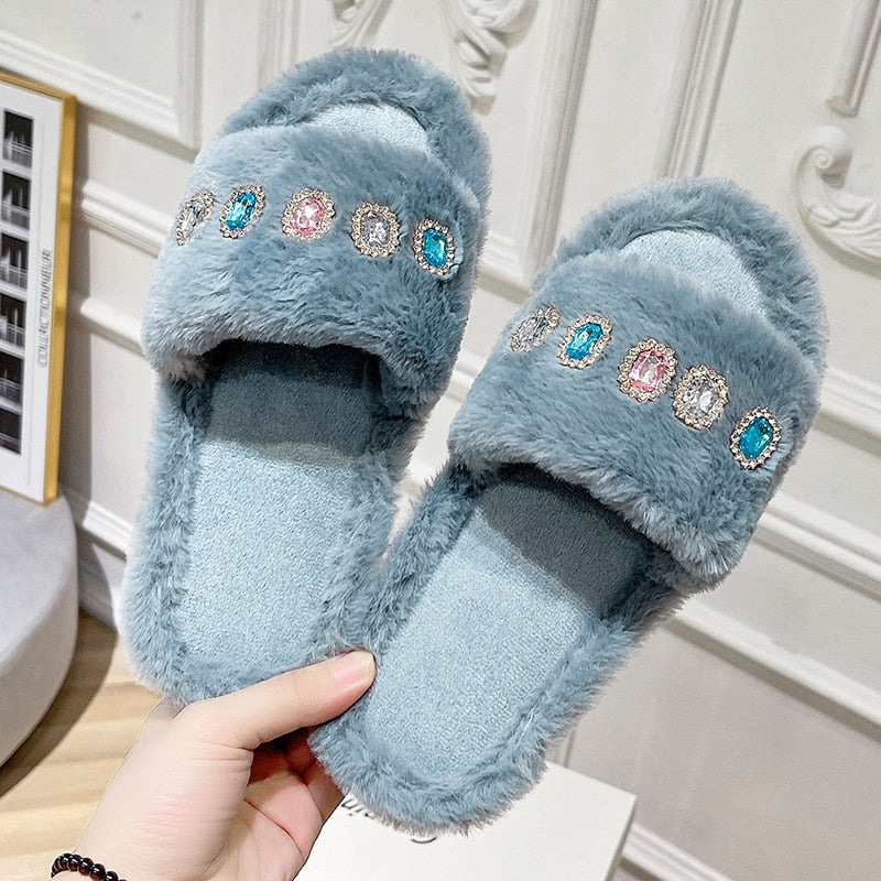 Women's Furry Slippers W/ Rhinestone Gemstone Details