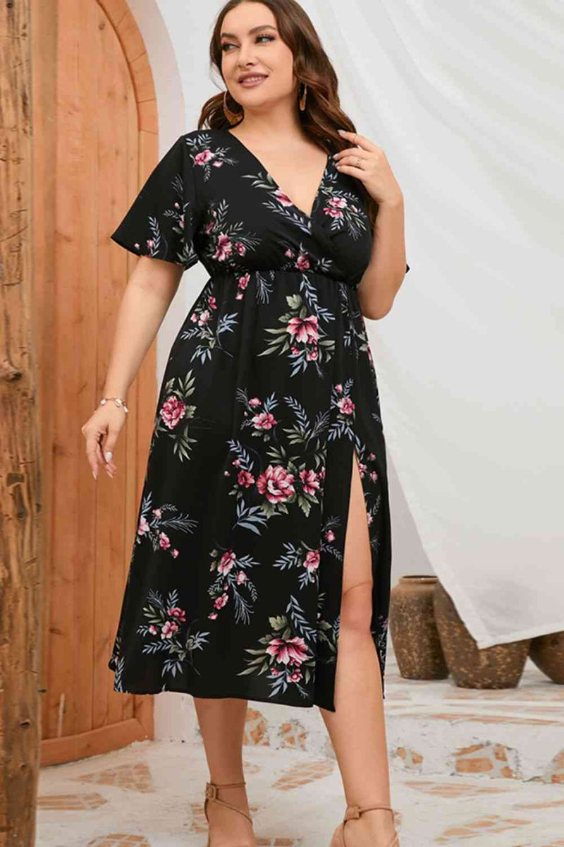 Robe Fendue Florale à Manches Courtes de Grande Taille