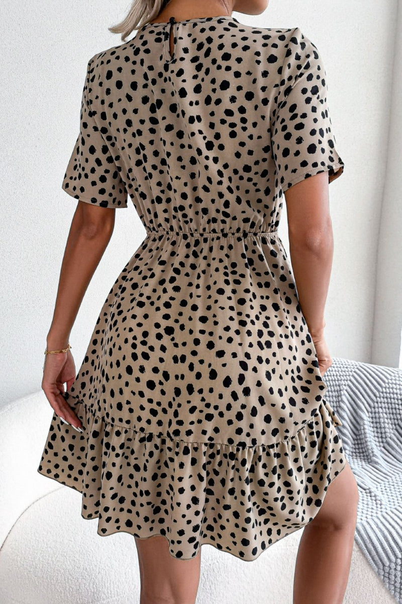 Printed Round Neck Short Sleeve Ruffled Dress