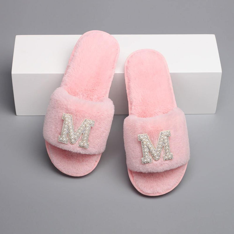 Customizable Women's Pearl Letter Decor Furry Slippers - AM APPAREL