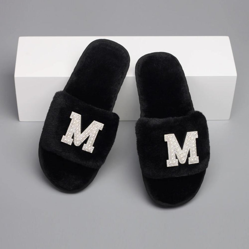 Customizable Women's Pearl Letter Decor Furry Slippers - AM APPAREL