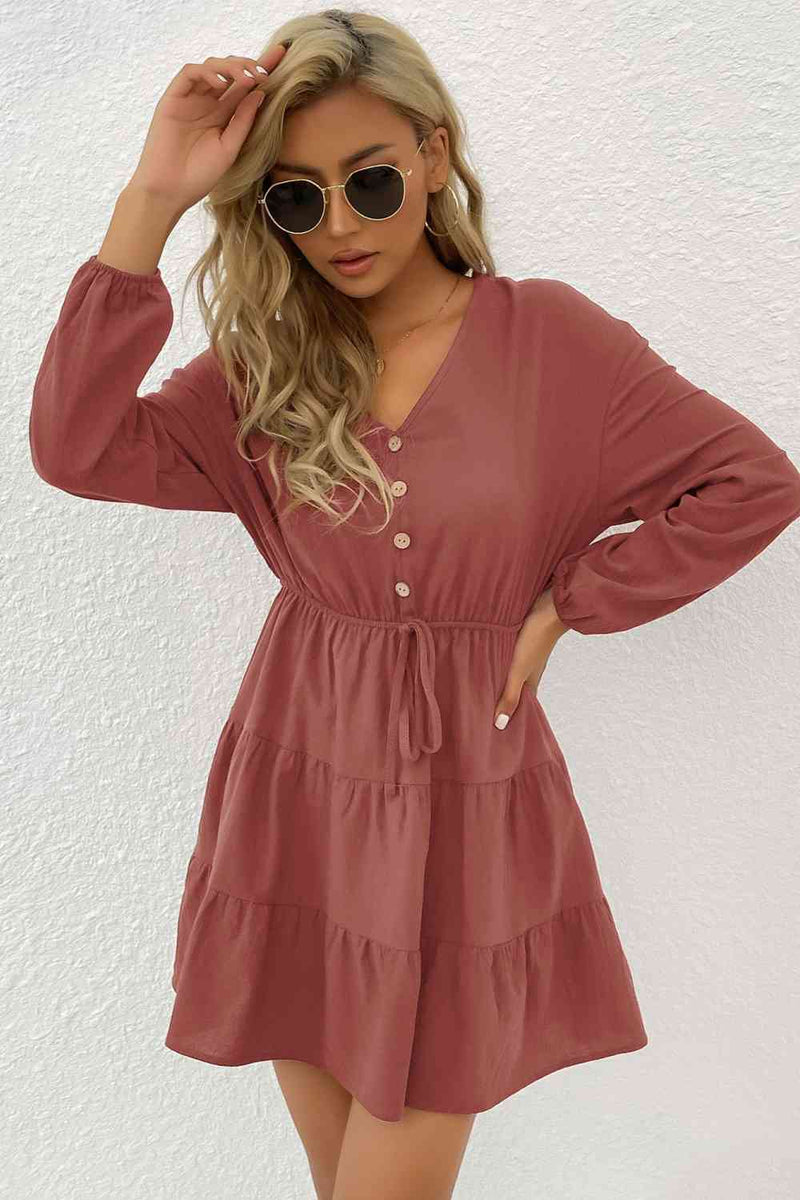 Decorative Button Tie Front Tiered Mini Dress