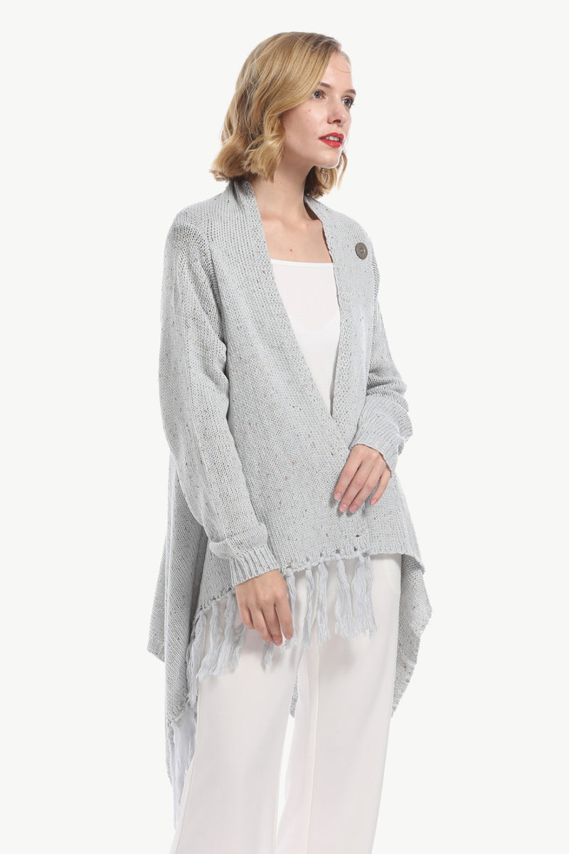 Cardigan à ourlet asymétrique avec pompon et lien à un bouton