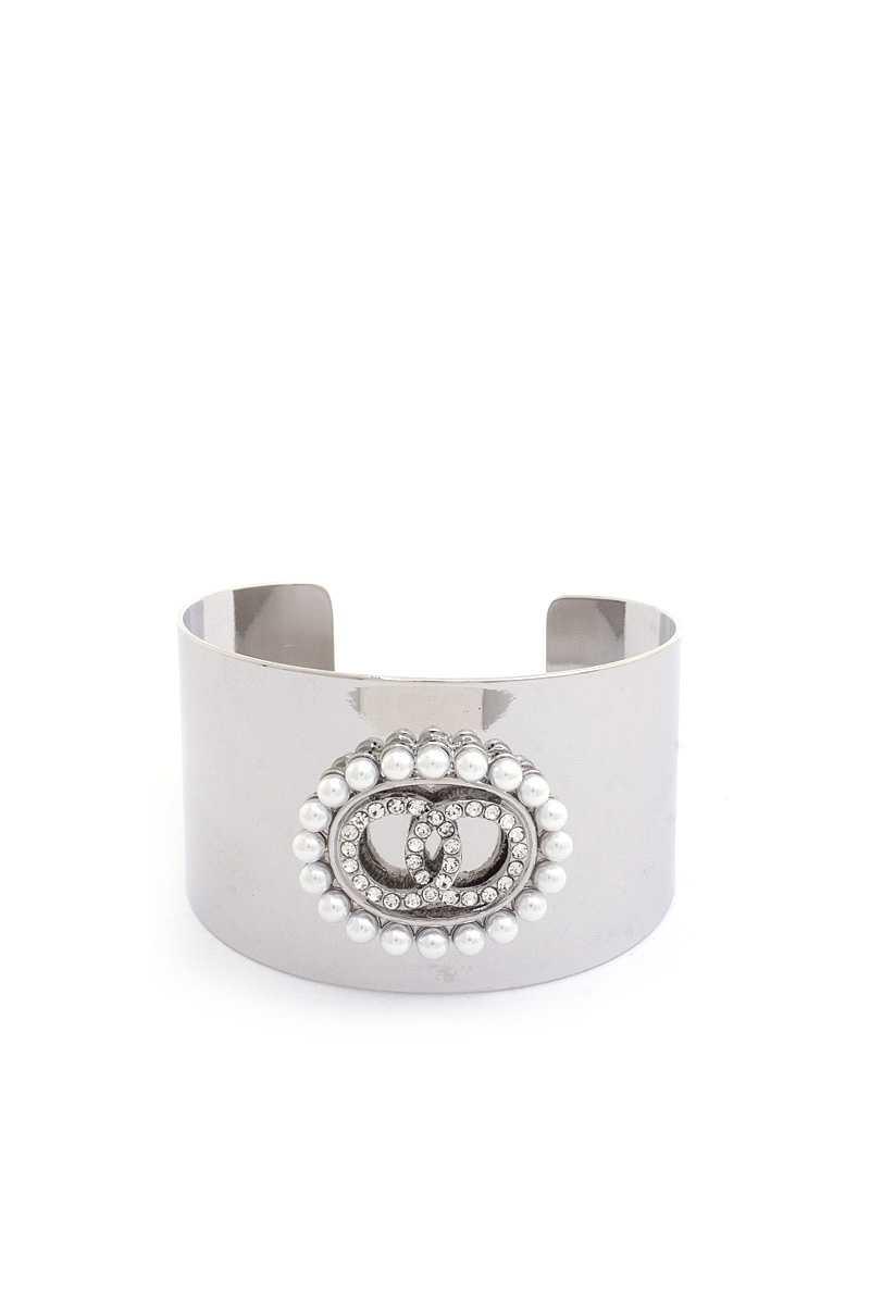 Double Link Rhinestone Pearl Metal Cuff Bracelet - AM APPAREL