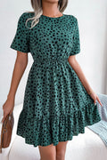 Printed Round Neck Short Sleeve Ruffled Dress