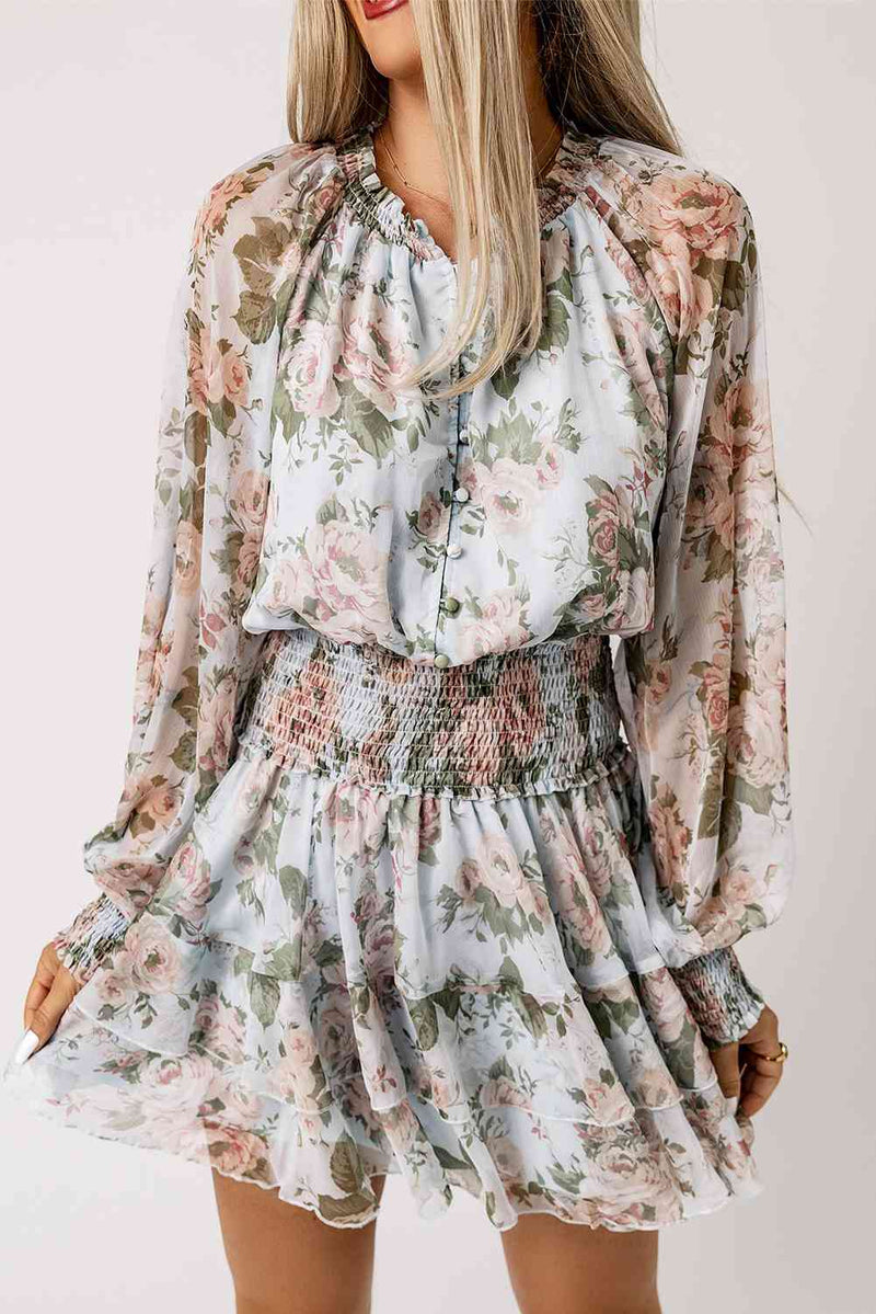 Mini-robe superposée florale à taille smockée