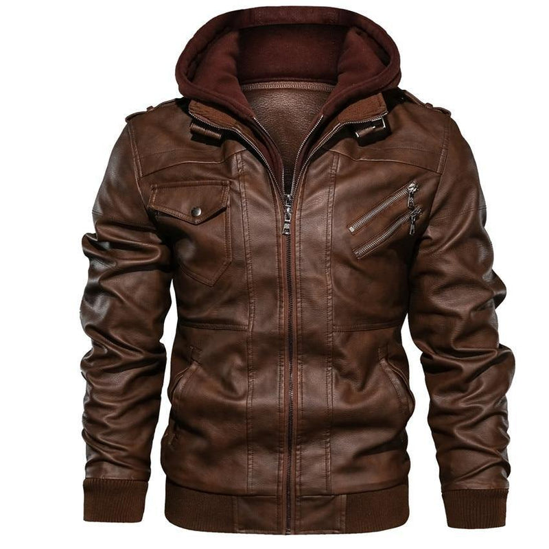 Men's Autumn Casual Hooded Leather Jackets - AM APPAREL