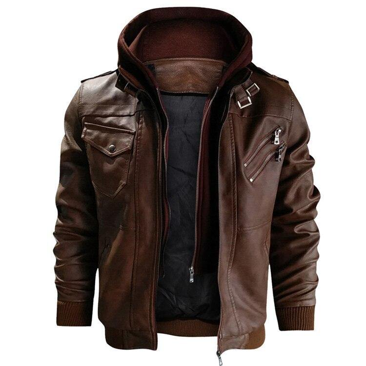 Men's Autumn Casual Hooded Leather Jackets - AM APPAREL