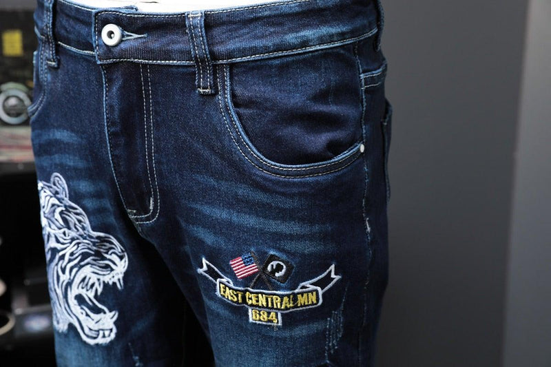 Men's Autumn Patchwork Tiger Embroidery Jeans - AM APPAREL