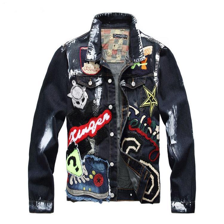 Men's Badge Patches Painted Denim Jacket - AM APPAREL