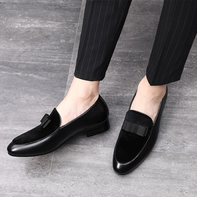 Men's Bowknot Detail Faux Leather Loafers - AM APPAREL