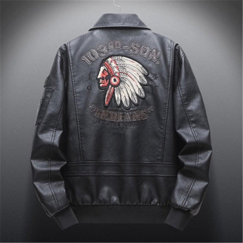 Men's Embroidered Motorcycle Faux Leather Jacket - AM APPAREL