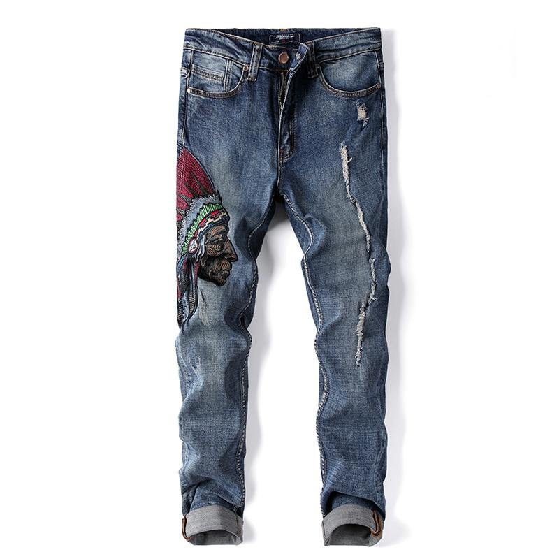 Men's Embroidery Distressed Loose Fit Jeans - AM APPAREL