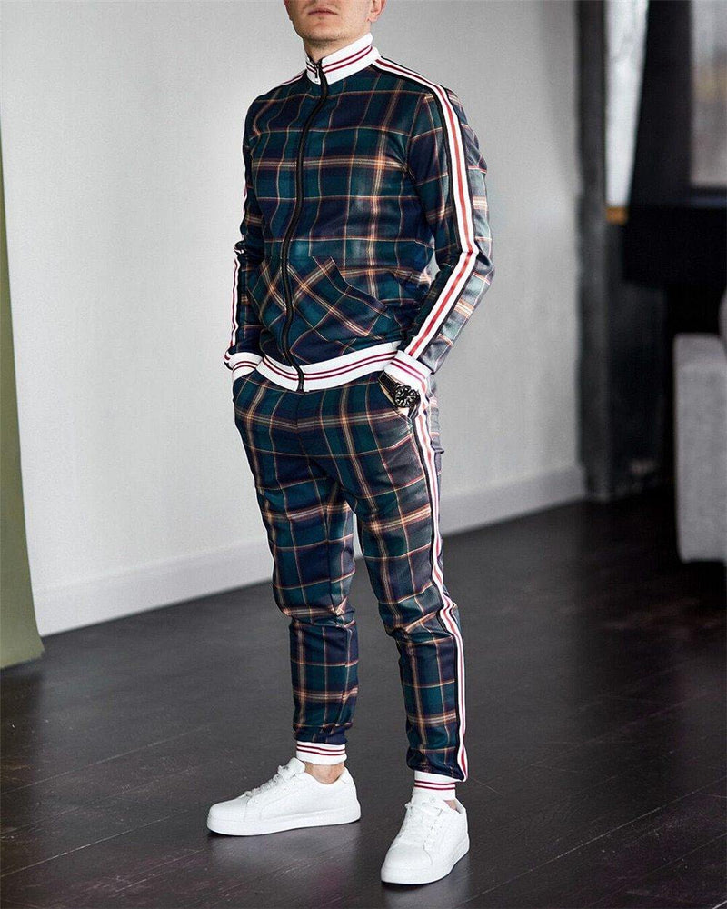 Men's Fashion Plaid Two Piece Tracksuit - AM APPAREL