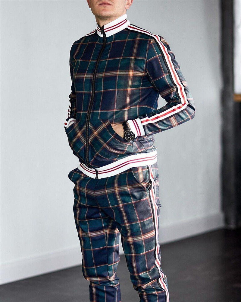 Men's Fashion Plaid Two Piece Tracksuit - AM APPAREL