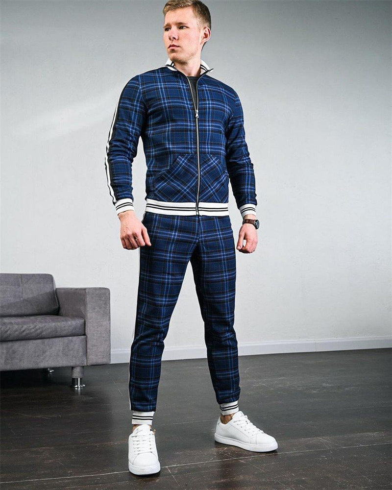 Men's Fashion Plaid Two Piece Tracksuit - AM APPAREL