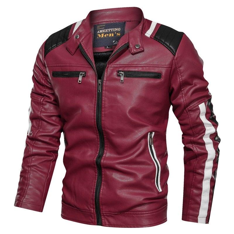 Men's Faux Leather Casual Stand Collar Jacket - AM APPAREL