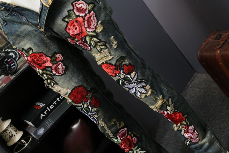 Men's Flower Embroidery Hip Hop Jeans - AM APPAREL