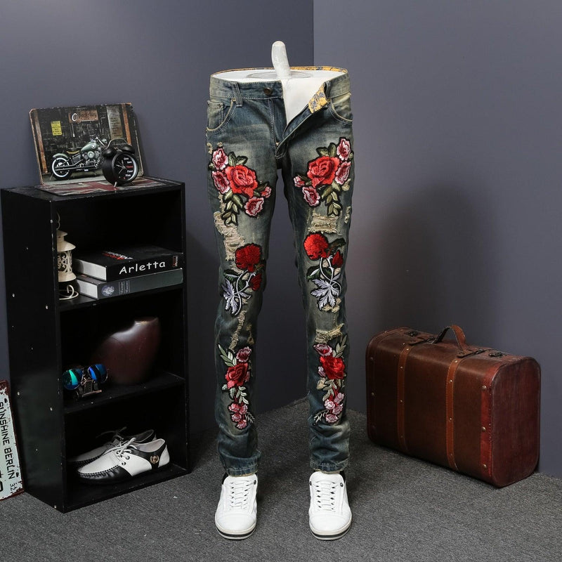 Men's Flower Embroidery Skinny Jeans - AM APPAREL