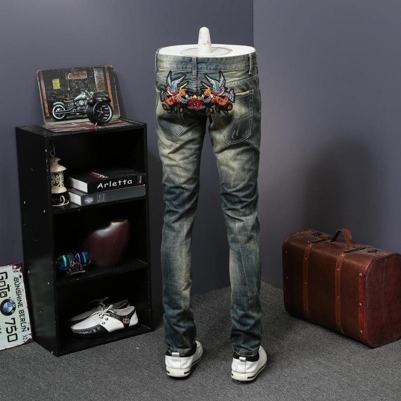 Men's Flower Embroidery Skinny Jeans - AM APPAREL