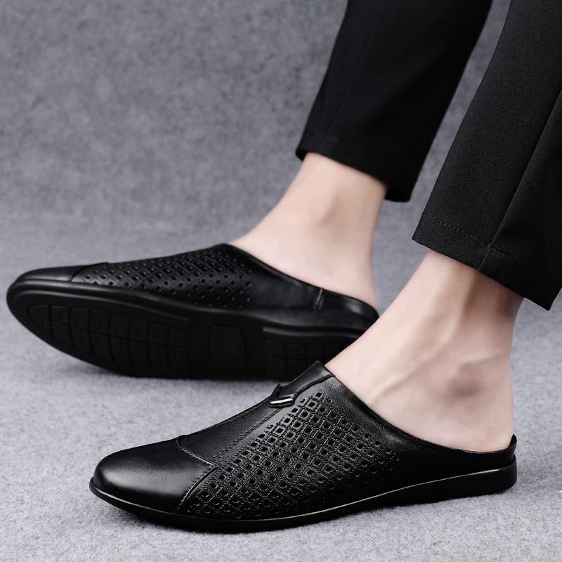 Men's Genuine Leather Mules Backless Loafers - AM APPAREL