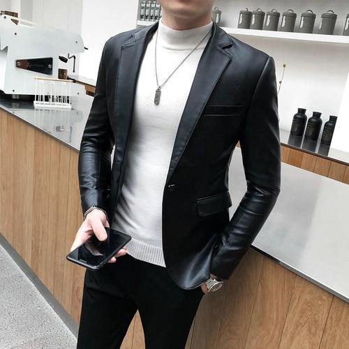 Men's Kpop Style Slim Fit Faux LeatherJacket - AM APPAREL