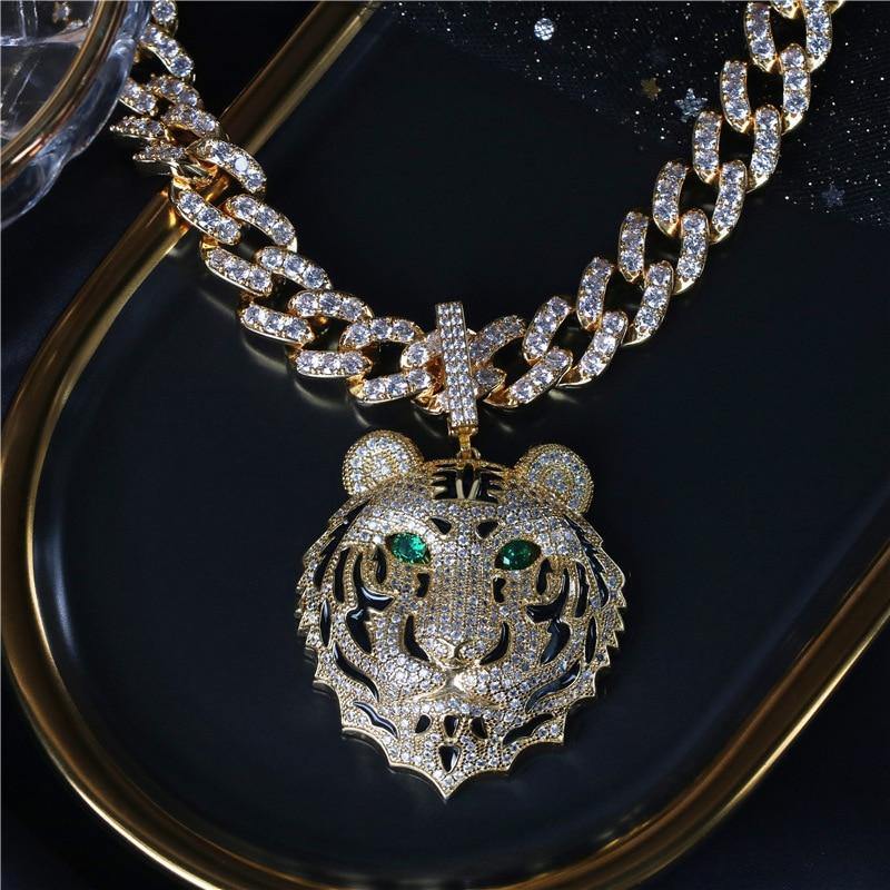 Men's Large Tiger Head Pendant Iced Out Necklace - AM APPAREL